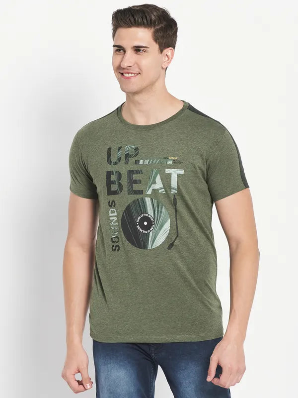 Octave Men Olive Green Typography Printed Applique T-Shirt