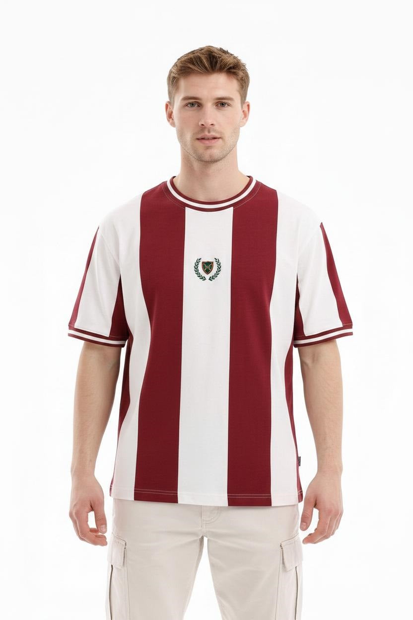 Men  Burnt Brick Striped Monochrome T-shirt