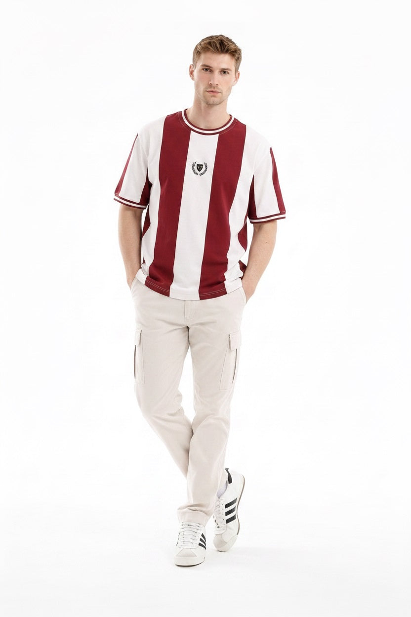 Men  Burnt Brick Striped Monochrome T-shirt