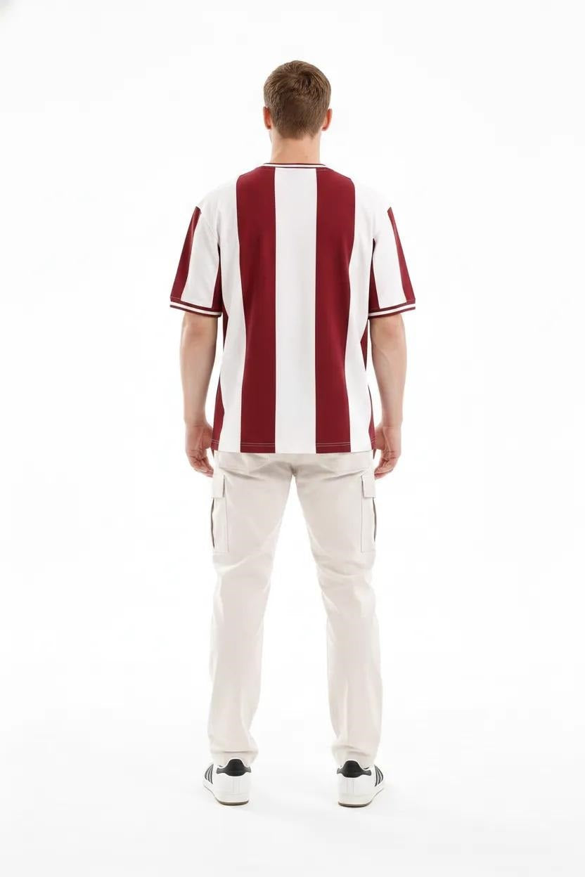 Men  Burnt Brick Striped Monochrome T-shirt