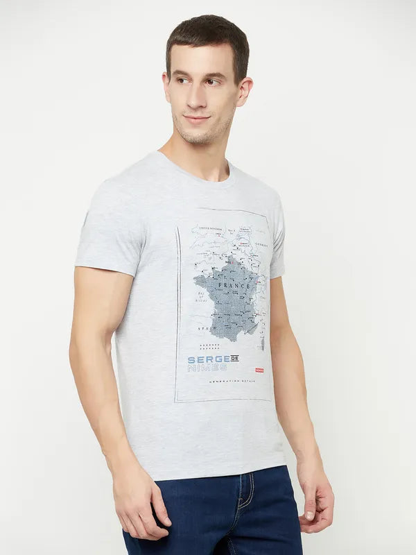 Octave Men Grey Printed Raw Edge T-Shirt