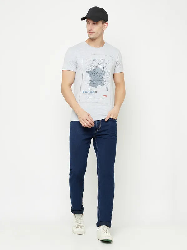 Octave Men Grey Printed Raw Edge T-Shirt