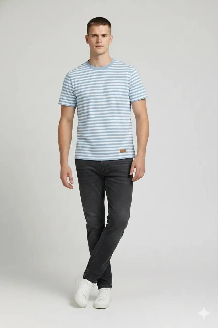 Men Oxford Blue Striped Round Neck T-shirt