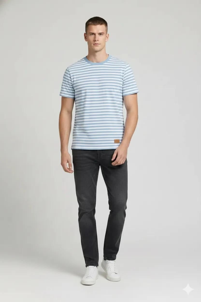 Men Oxford Blue Striped Round Neck T-shirt