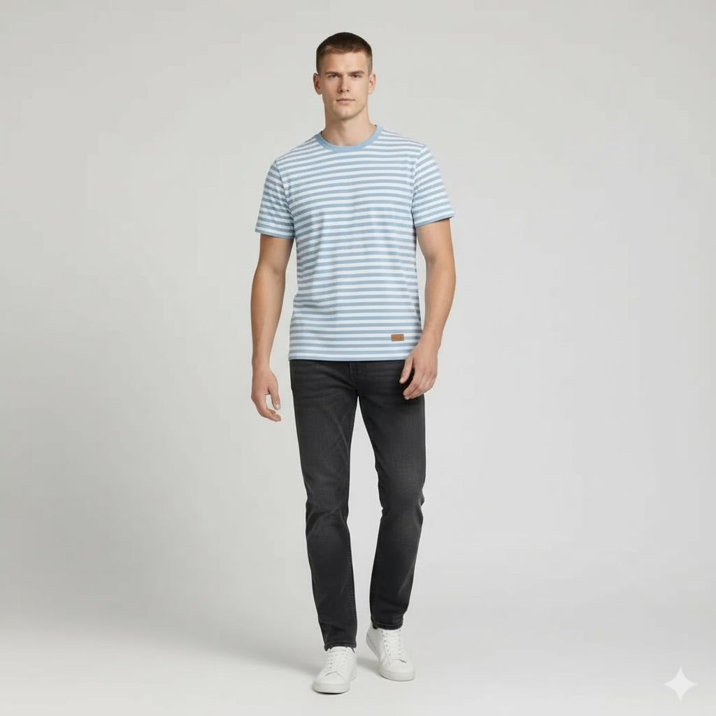 Men Oxford Blue Striped Round Neck T-shirt