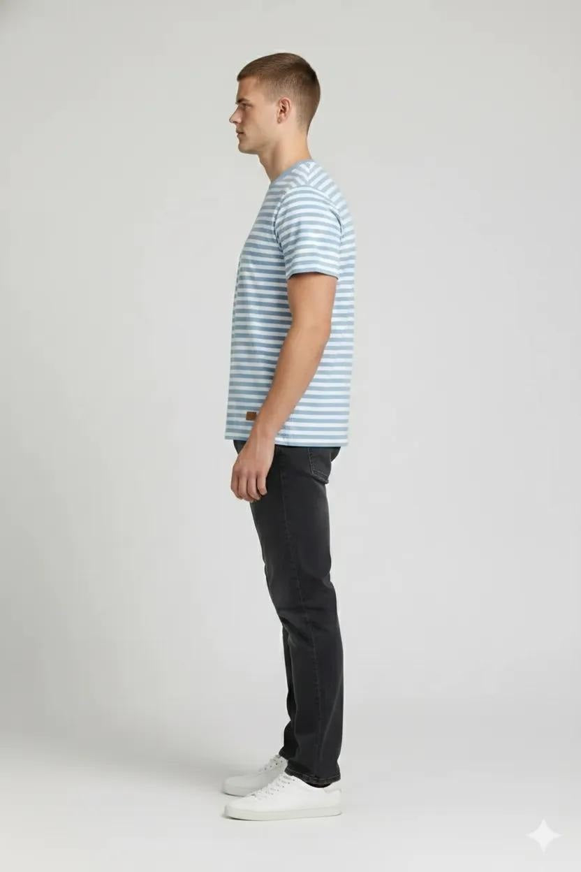 Men Oxford Blue Striped Round Neck T-shirt