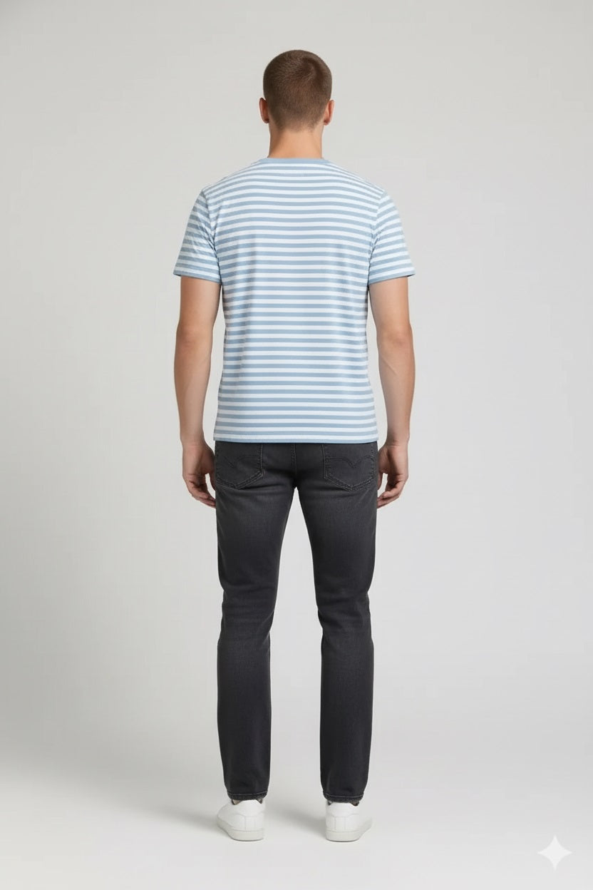 Men Oxford Blue Striped Round Neck T-shirt