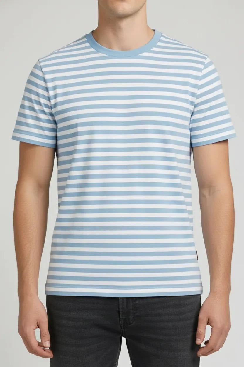 Men Oxford Blue Striped Round Neck T-shirt