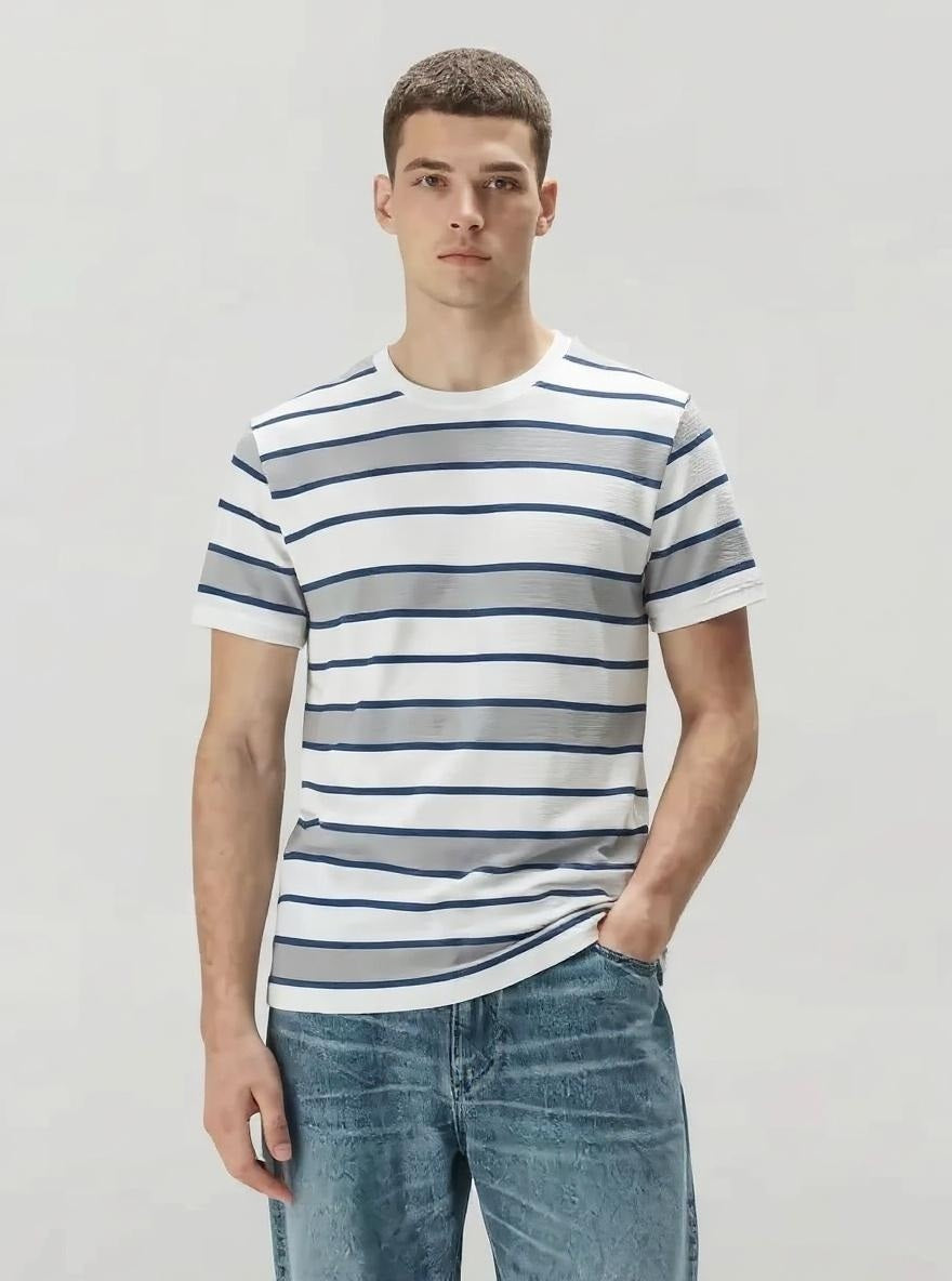 Men Denim Striped Round Neck T-shirt