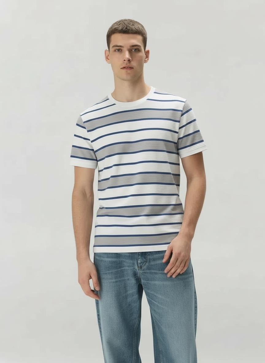 Men Denim Striped Round Neck T-shirt