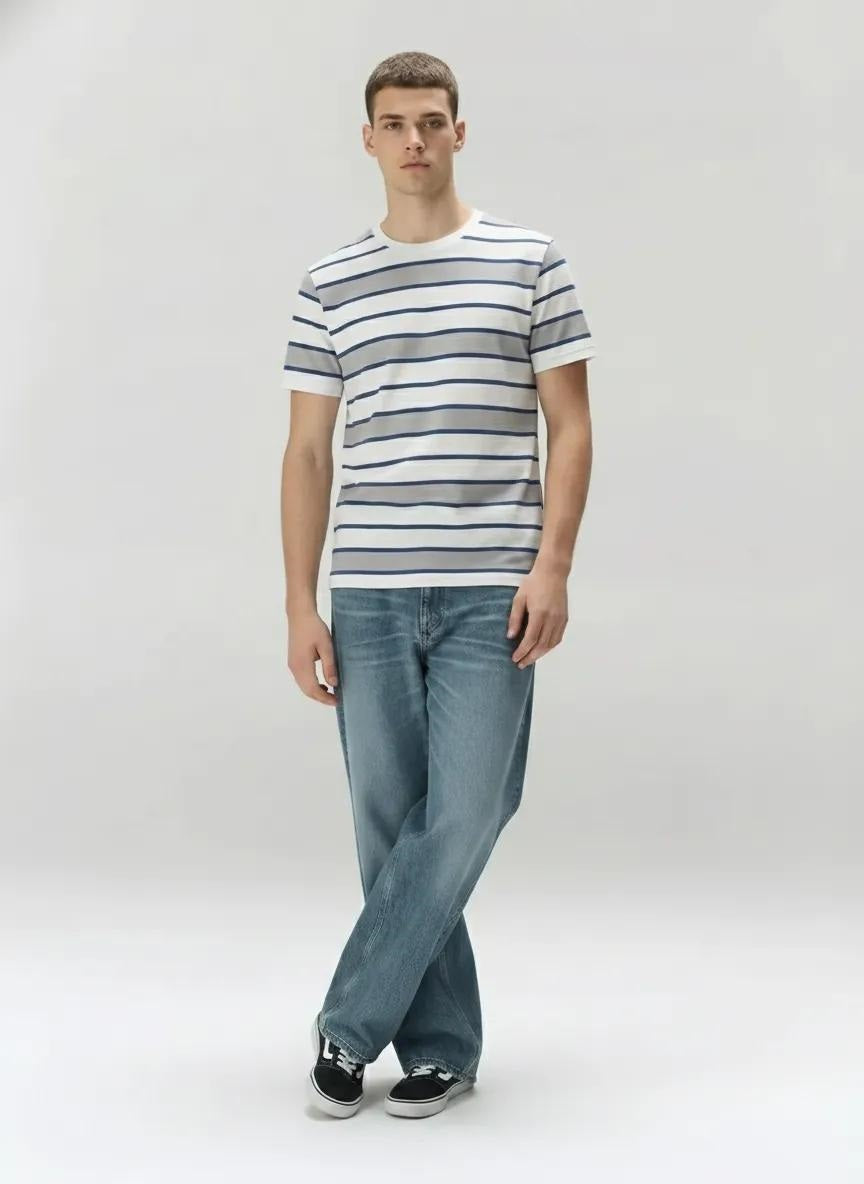 Men Denim Striped Round Neck T-shirt