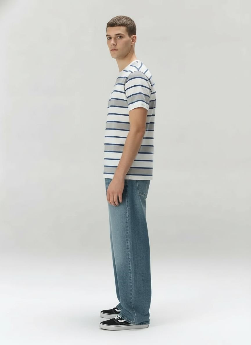 Men Denim Striped Round Neck T-shirt