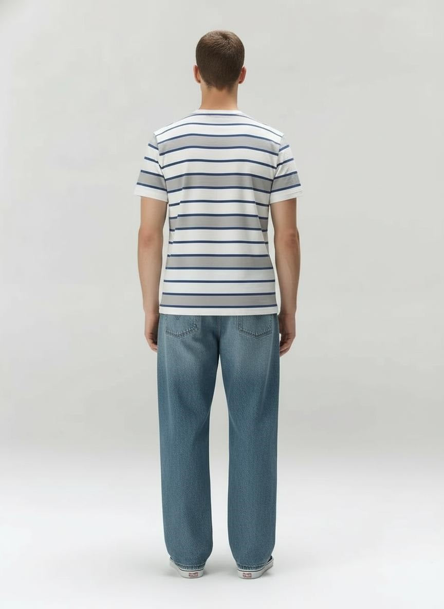 Men Denim Striped Round Neck T-shirt