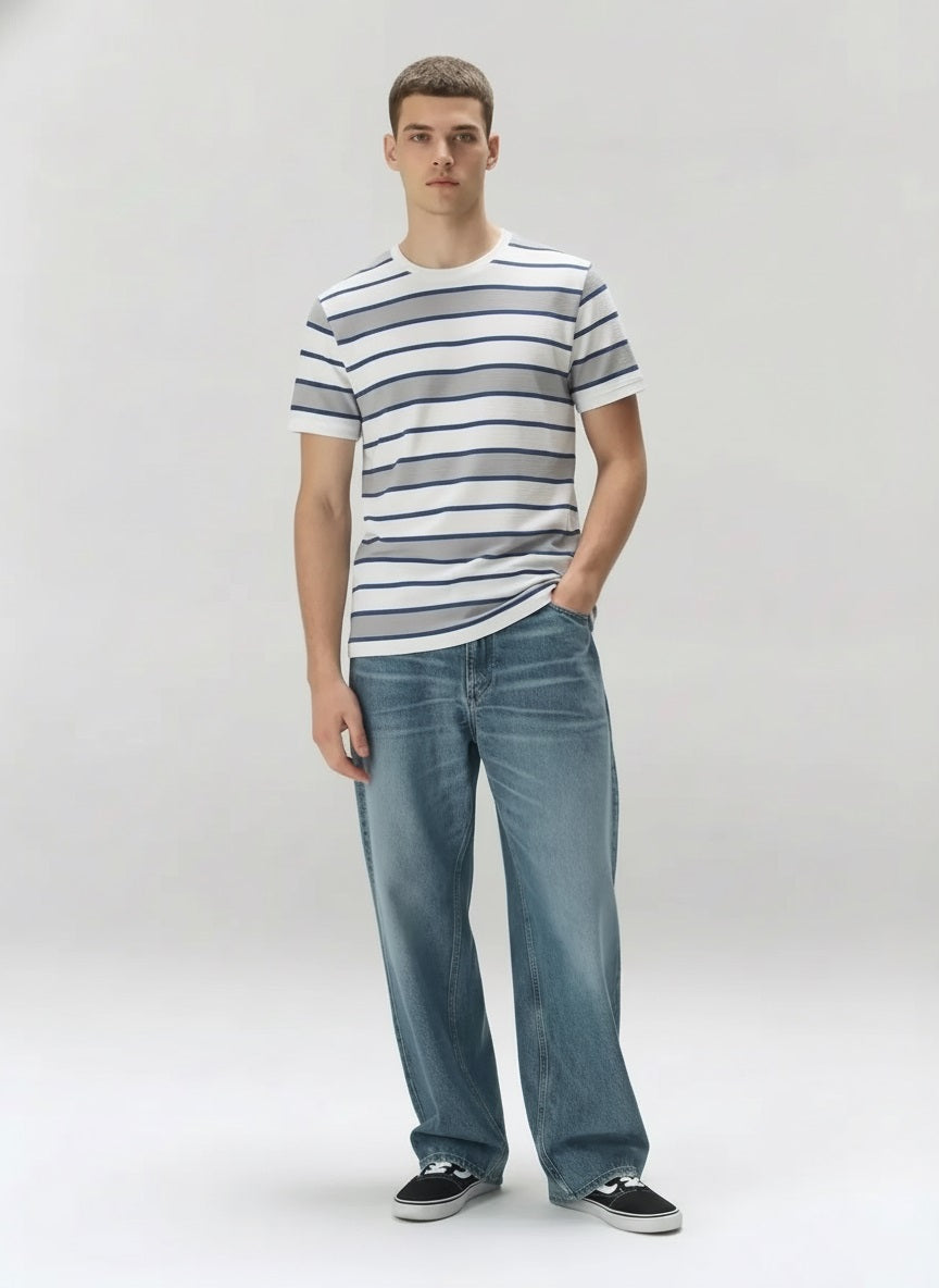Men Denim Striped Round Neck T-shirt