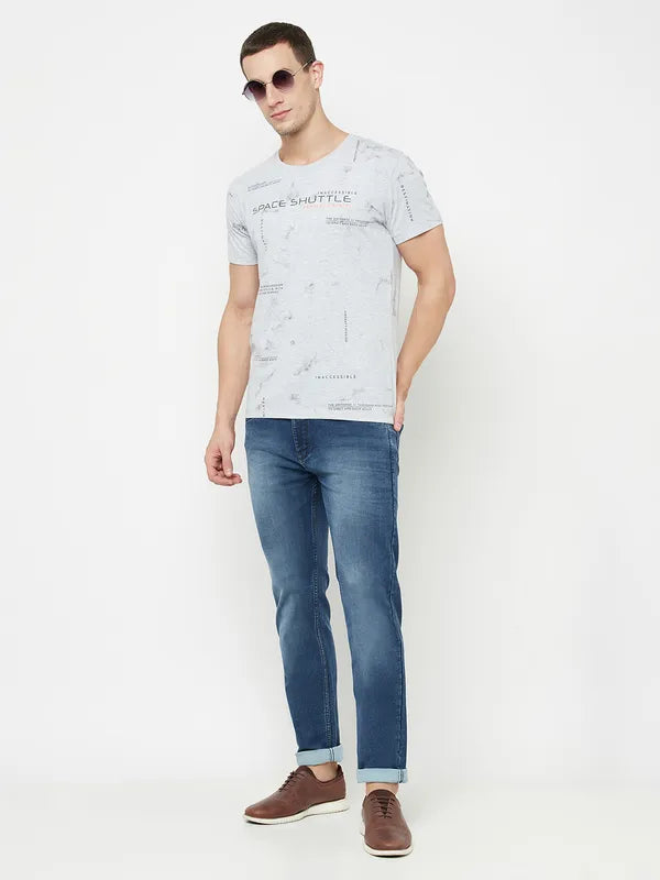 Octave Men Grey Printed Raw Edge T-Shirt