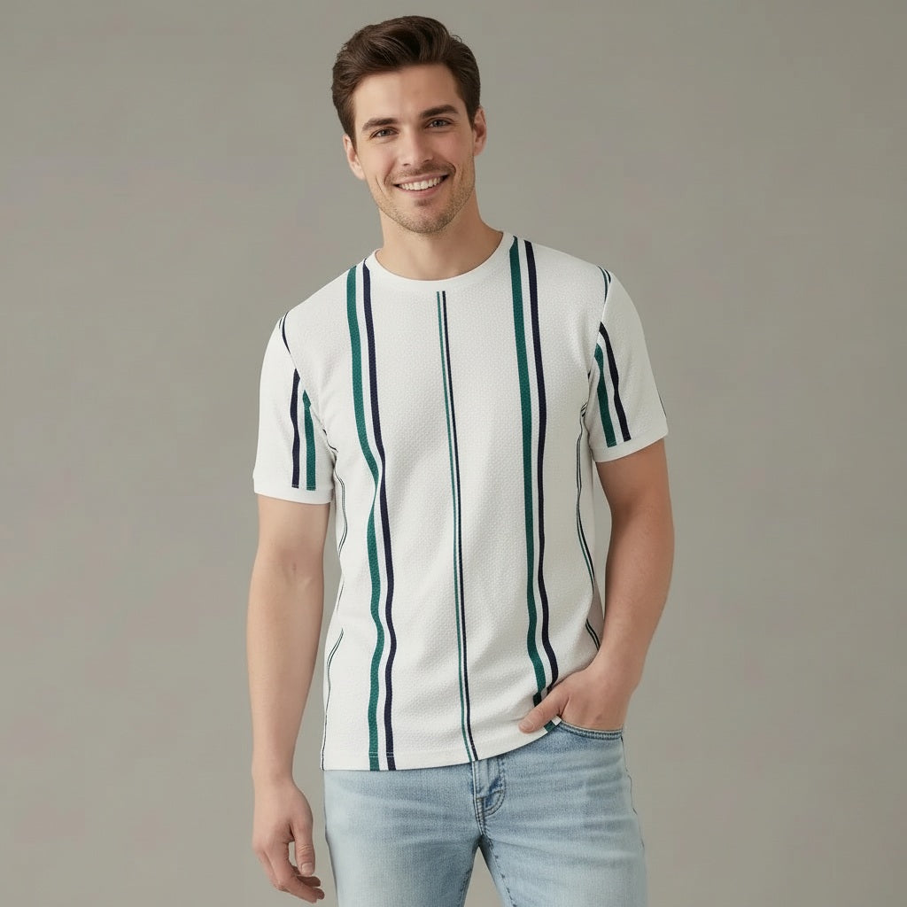 Men Off White Striped Round Neck T-shirt