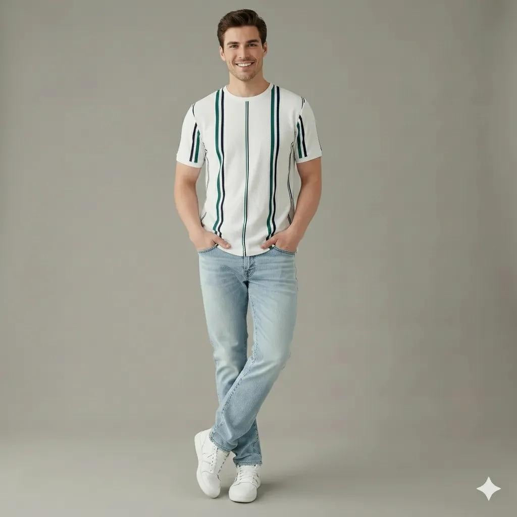 Men Off White Striped Round Neck T-shirt
