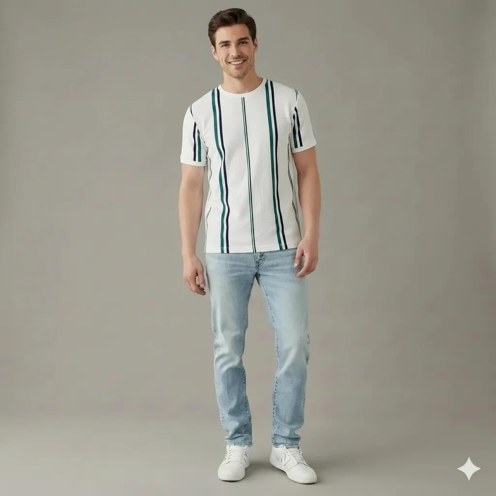 Men Off White Striped Round Neck T-shirt