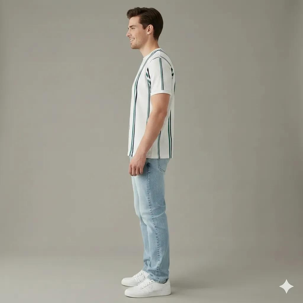 Men Off White Striped Round Neck T-shirt
