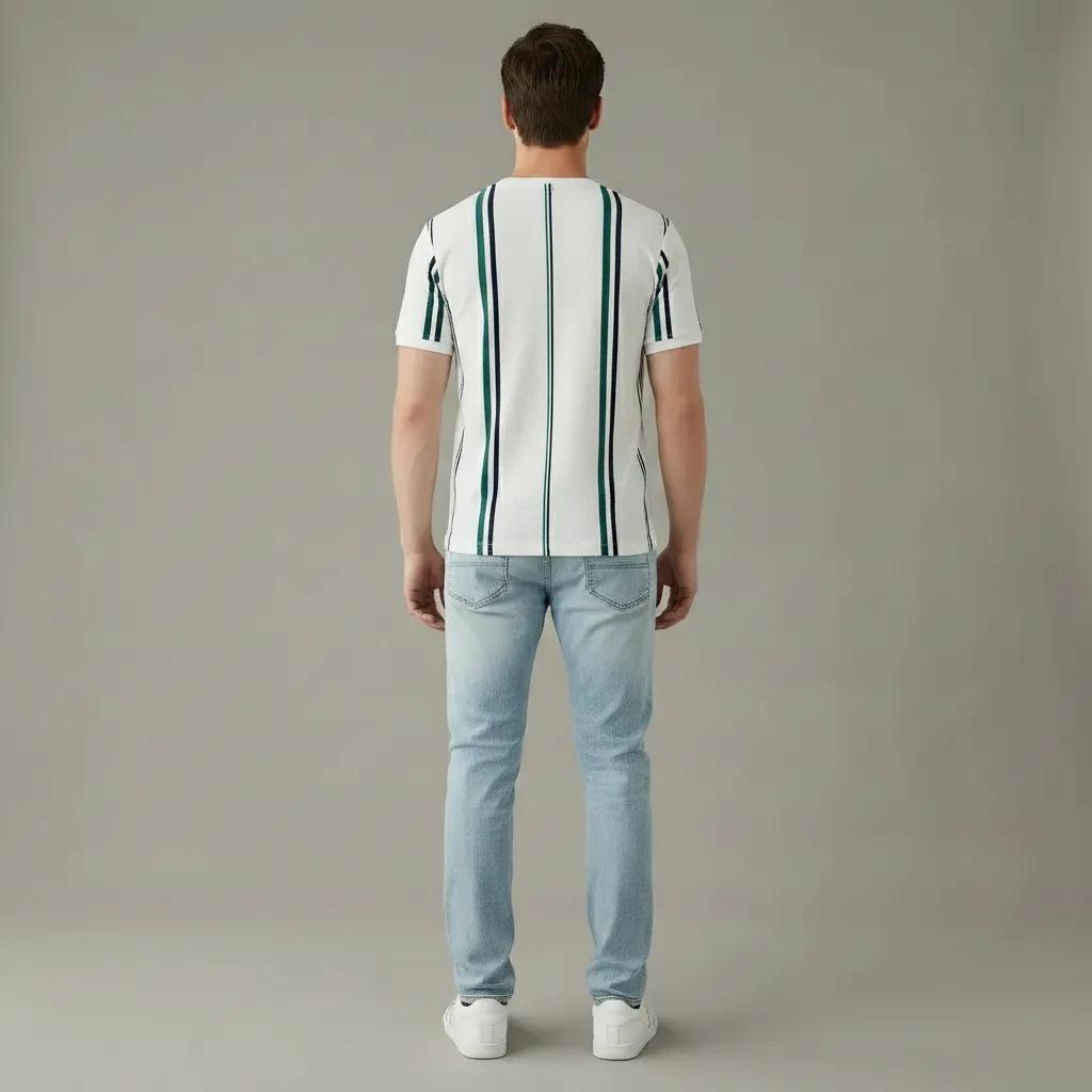 Men Off White Striped Round Neck T-shirt