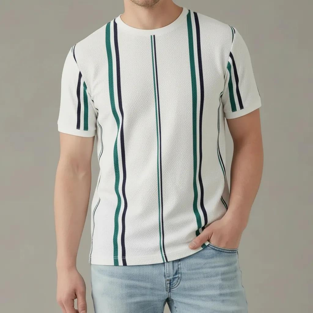 Men Off White Striped Round Neck T-shirt