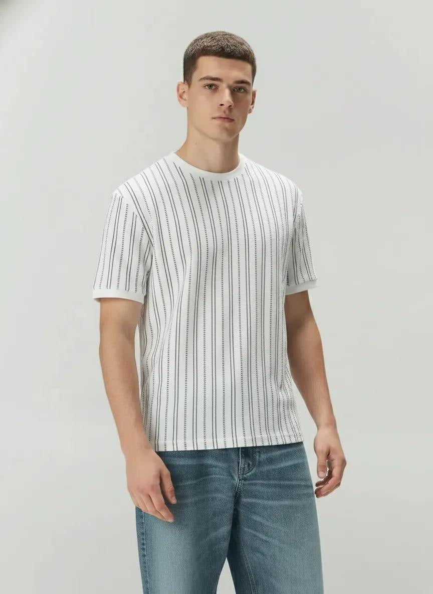 Men Off White Striped Round Neck T-shirt