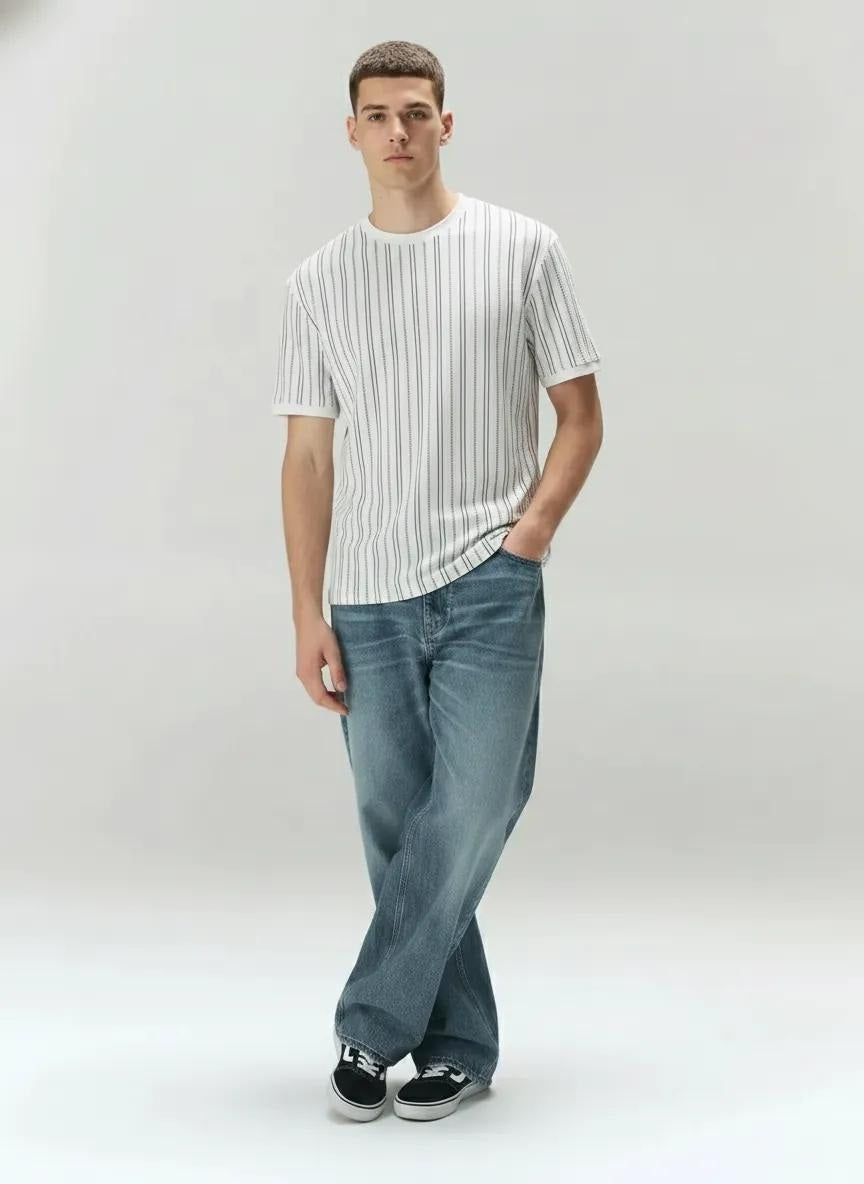 Men Off White Striped Round Neck T-shirt