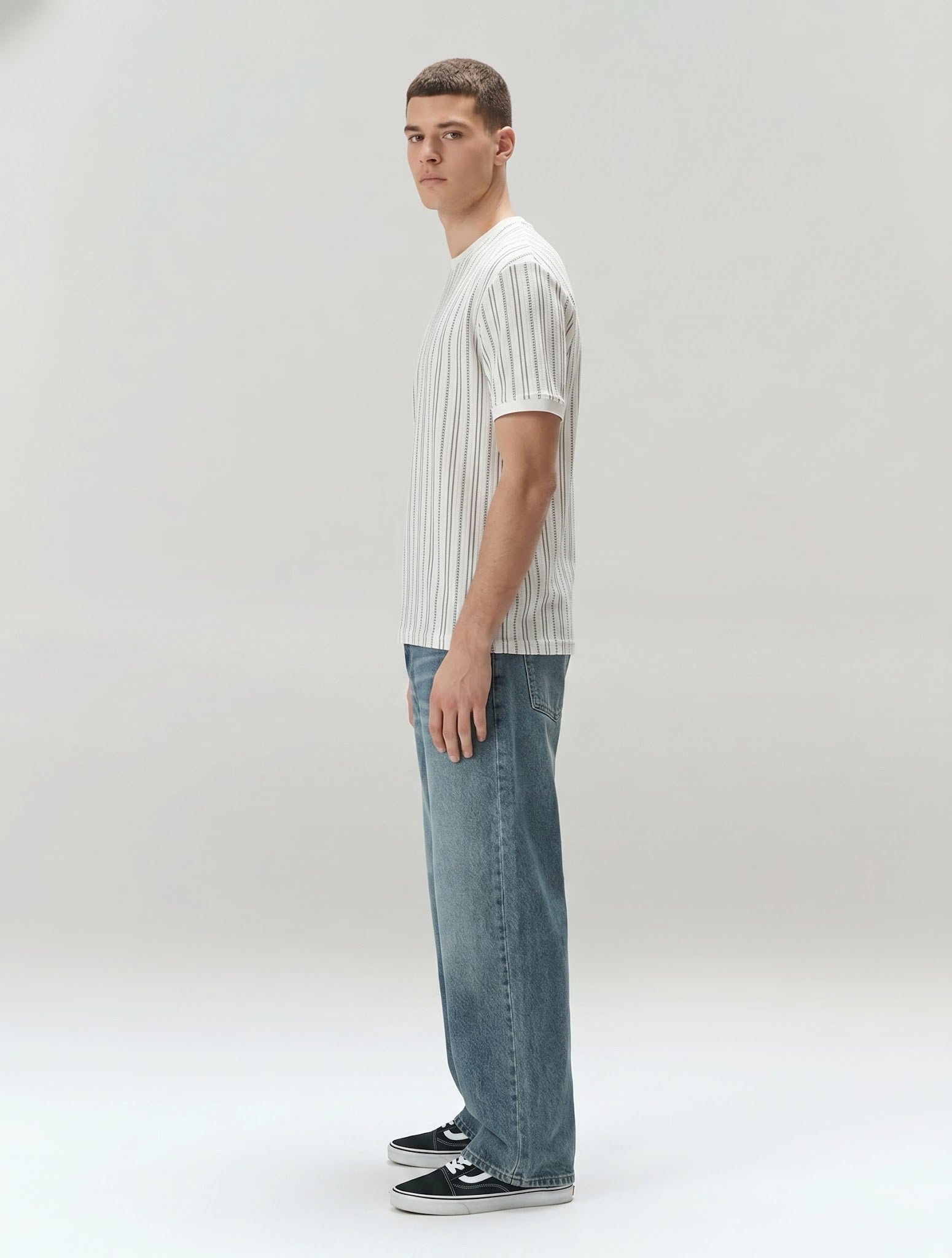 Men Off White Striped Round Neck T-shirt