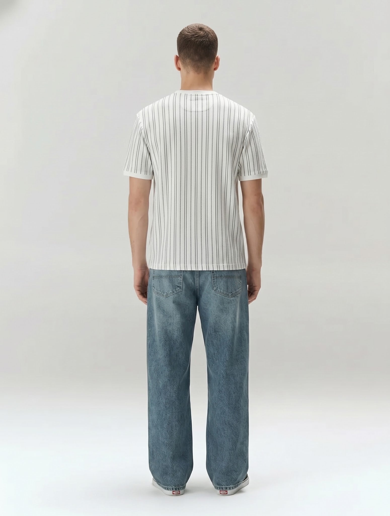 Men Off White Striped Round Neck T-shirt