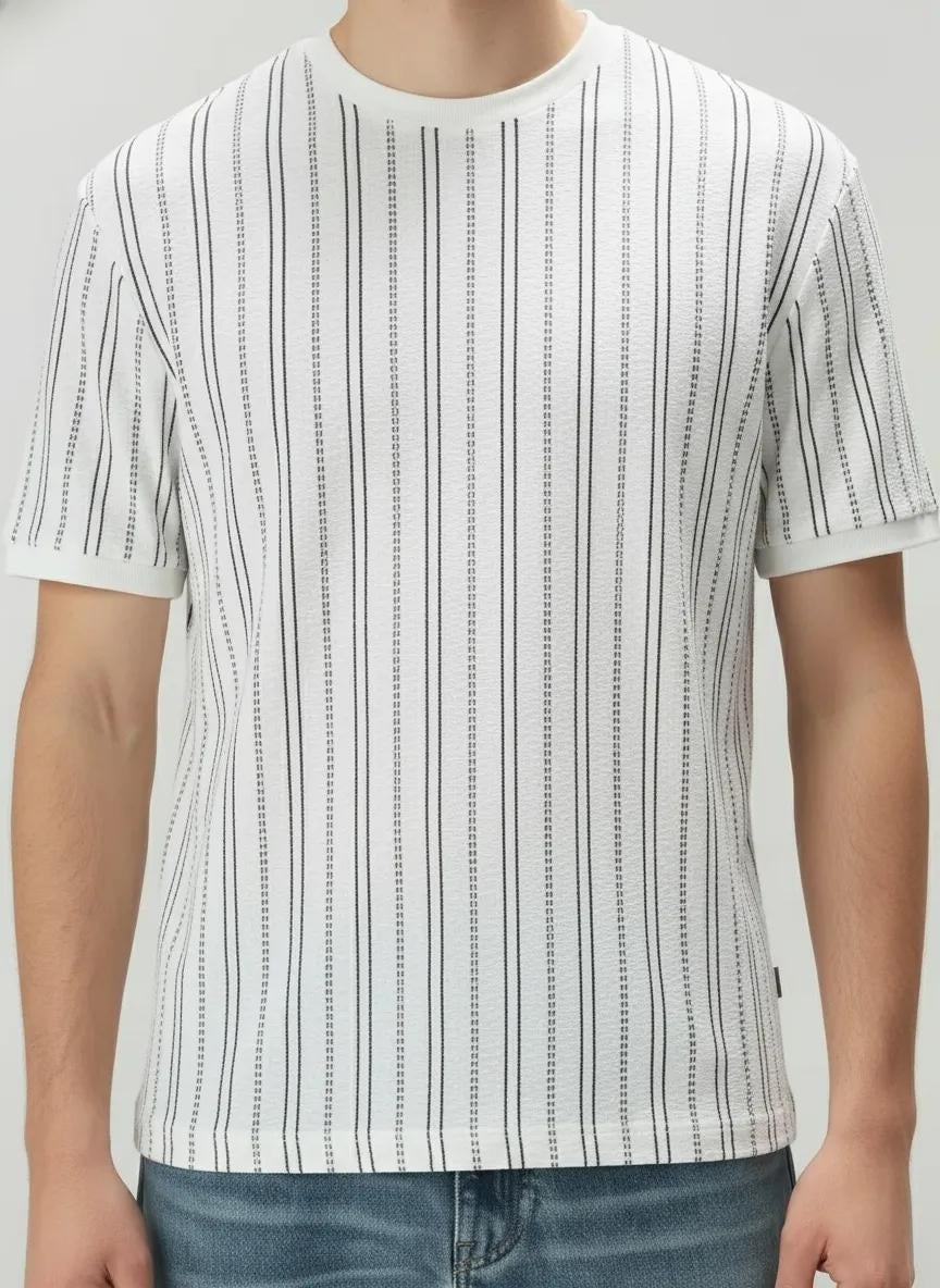 Men Off White Striped Round Neck T-shirt