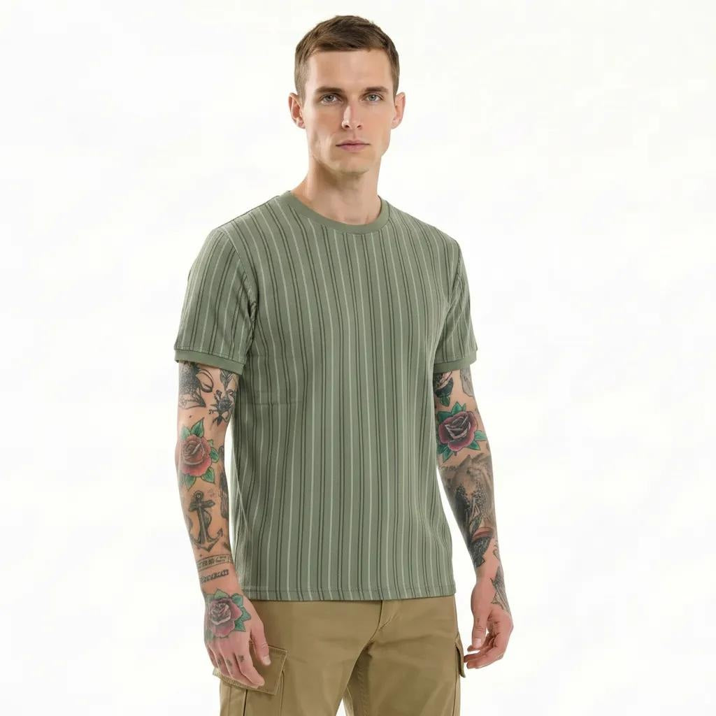 Men  Oil Green Striped T-shirt