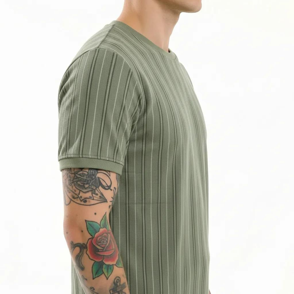 Men  Oil Green Striped T-shirt