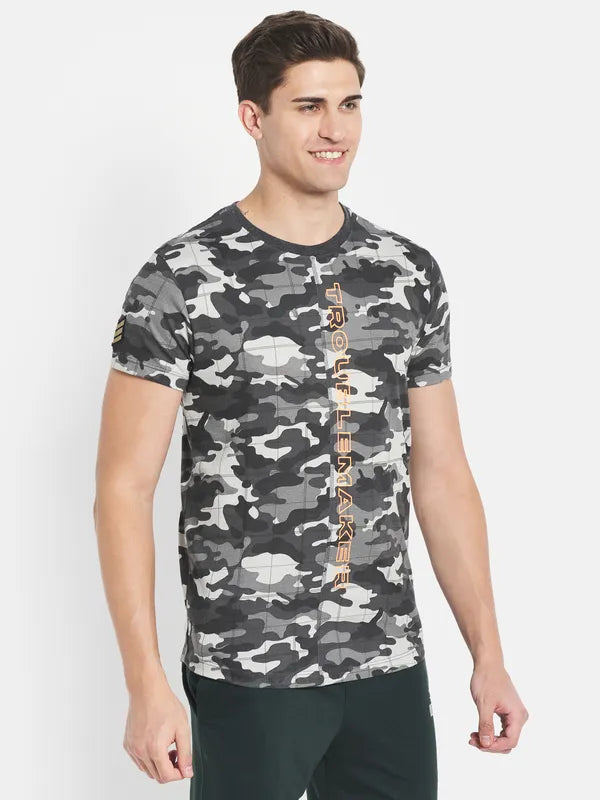 Octave Men Black Printed Raw Edge T-Shirt