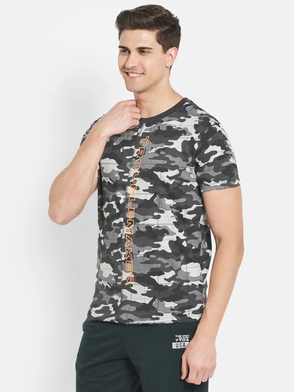 Octave Men Black Printed Raw Edge T-Shirt