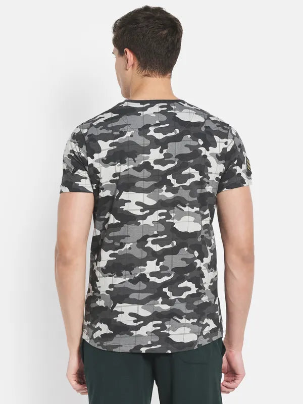 Octave Men Black Printed Raw Edge T-Shirt