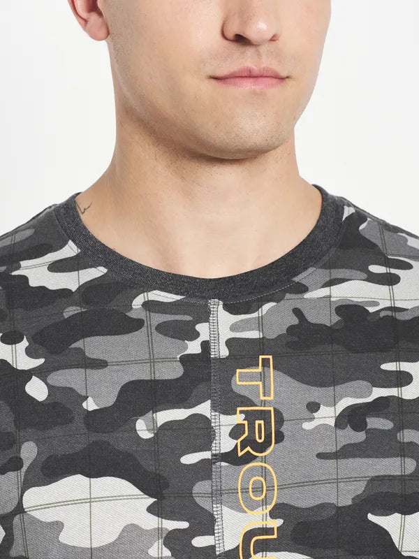 Octave Men Black Printed Raw Edge T-Shirt