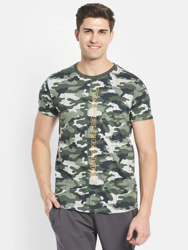 Octave Men Olive Green Printed Raw Edge T-Shirt