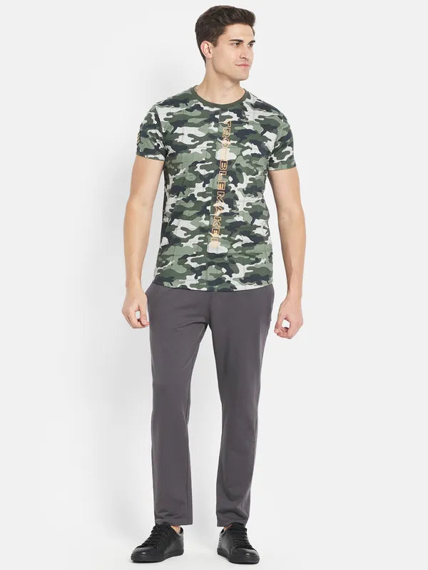 Octave Men Olive Green Printed Raw Edge T-Shirt