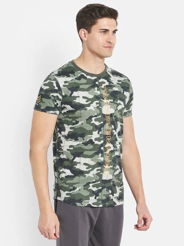 Octave Men Olive Green Printed Raw Edge T-Shirt