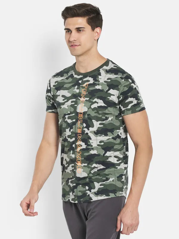 Octave Men Olive Green Printed Raw Edge T-Shirt