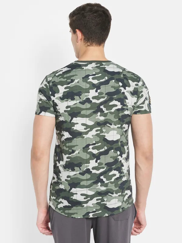 Octave Men Olive Green Printed Raw Edge T-Shirt