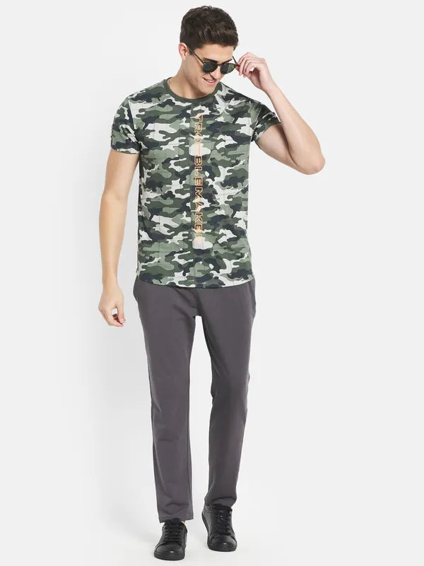 Octave Men Olive Green Printed Raw Edge T-Shirt