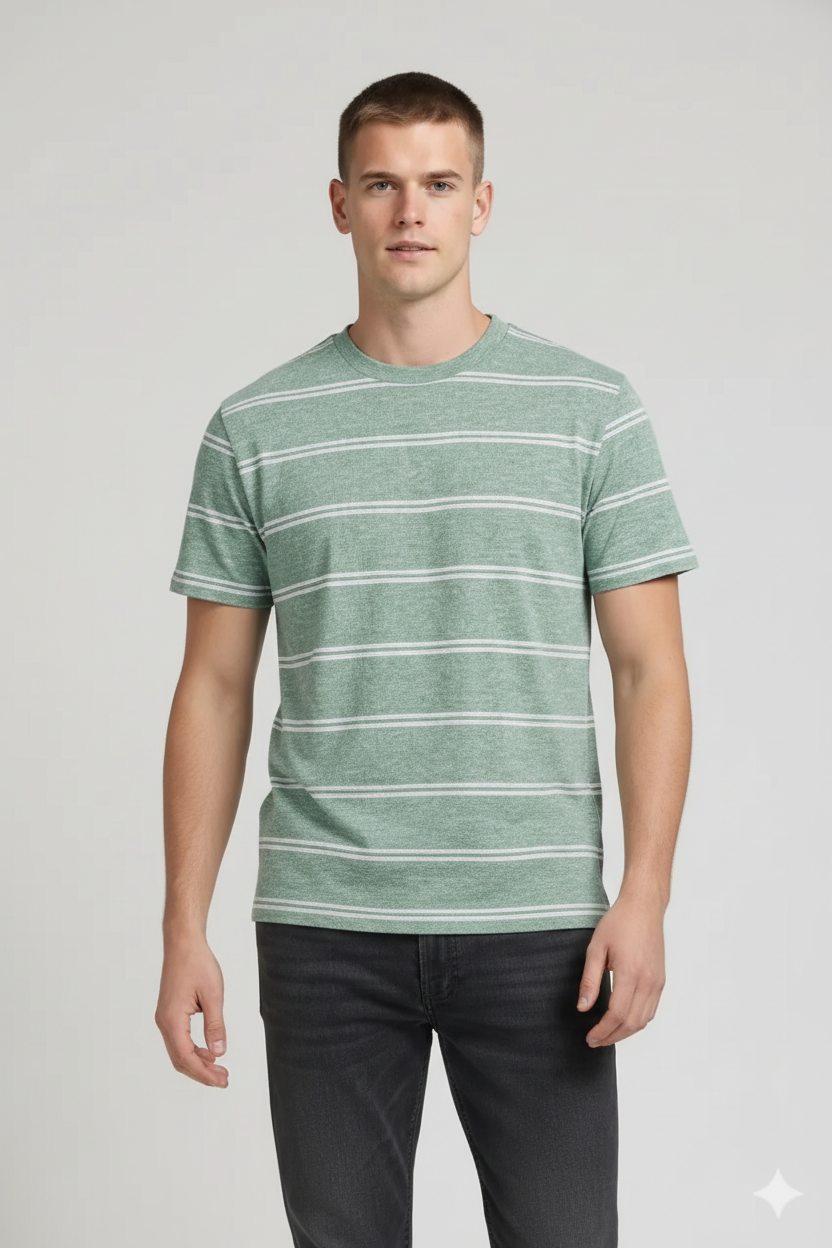 Men Green Melange Striped Round Neck T-shirt