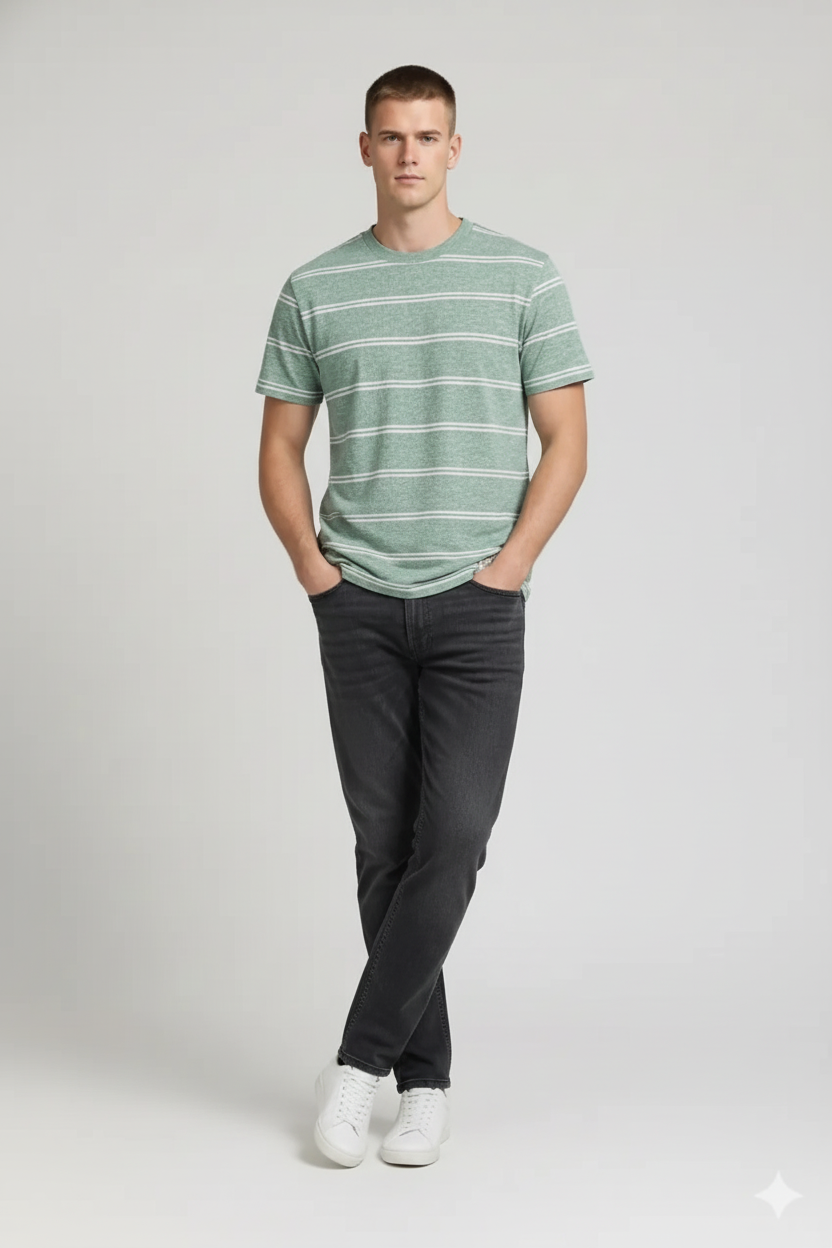 Men Green Melange Striped Round Neck T-shirt