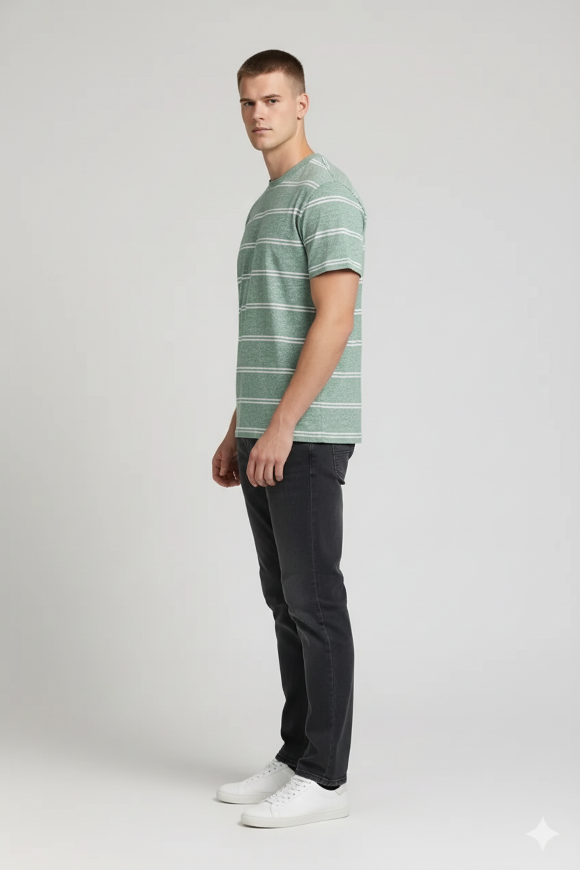 Men Green Melange Striped Round Neck T-shirt