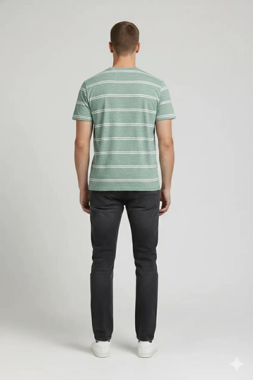 Men Green Melange Striped Round Neck T-shirt