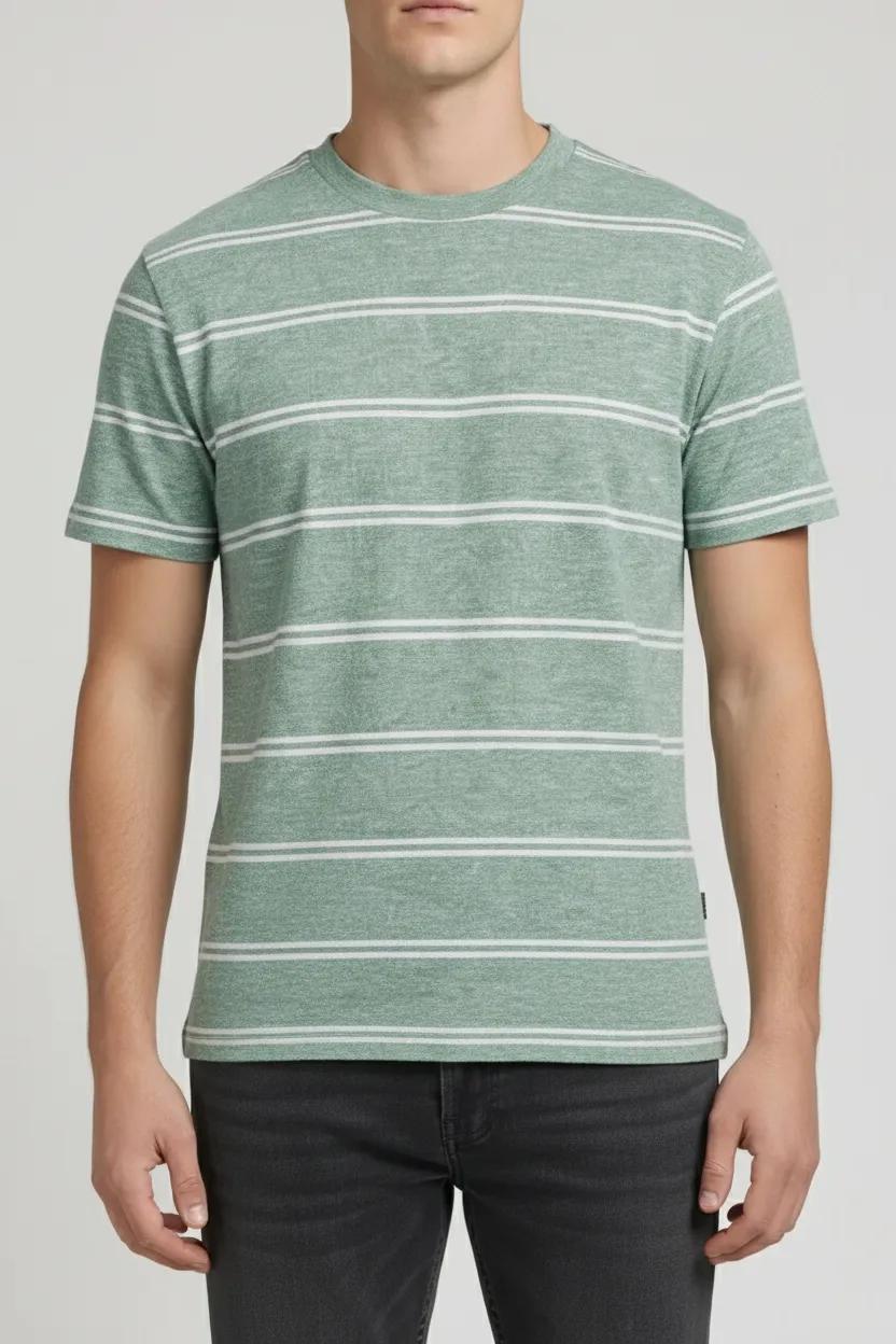 Men Green Melange Striped Round Neck T-shirt