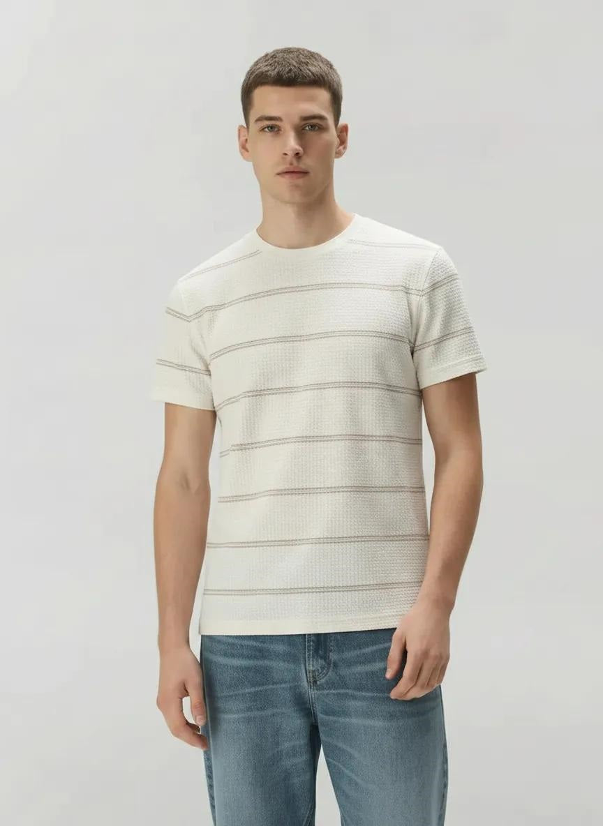 Men Off White Striped Round Neck T-shirt