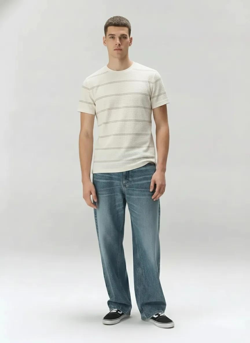 Men Off White Striped Round Neck T-shirt