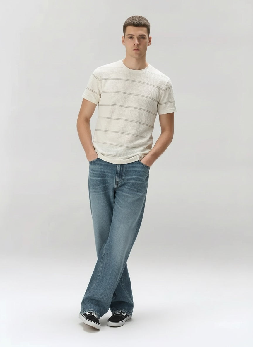 Men Off White Striped Round Neck T-shirt